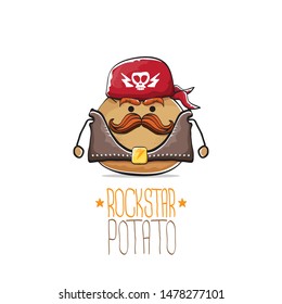 vector funny cartoon cute brown punk rock star potato character with bandana, leather jacket and moustache isolated on white background. rock hipster vegetable funky character