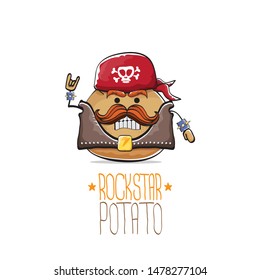 vector funny cartoon cute brown punk rock star potato character with bandana, leather jacket and moustache isolated on white background. rock hipster vegetable funky character