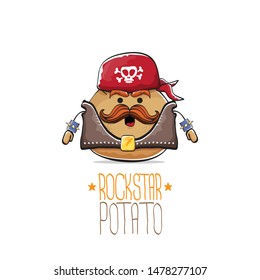 vector funny cartoon cute brown punk rock star potato character with bandana, leather jacket and moustache isolated on white background. rock hipster vegetable funky character