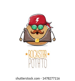 vector funny cartoon cute brown punk rock star potato character with bandana, leather jacket, sunglasses and moustache isolated on white background. rock hipster vegetable funky character