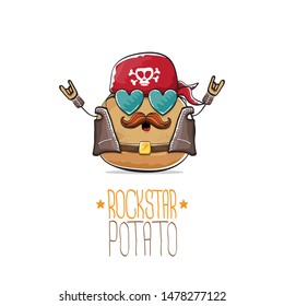 vector funny cartoon cute brown punk rock star potato character with bandana, leather jacket, sunglasses and moustache isolated on white background. rock hipster vegetable funky character