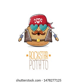 vector funny cartoon cute brown punk rock star potato character with bandana, leather jacket, sunglasses and moustache isolated on white background. rock hipster vegetable funky character