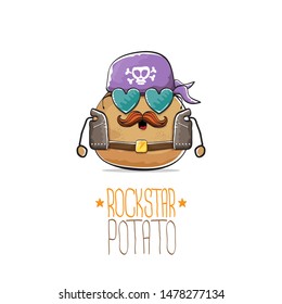 vector funny cartoon cute brown punk rock star potato character with bandana, leather jacket, sunglasses and moustache isolated on white background. rock hipster vegetable funky character