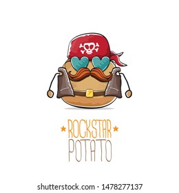 vector funny cartoon cute brown punk rock star potato character with bandana, leather jacket, sunglasses and moustache isolated on white background. rock hipster vegetable funky character