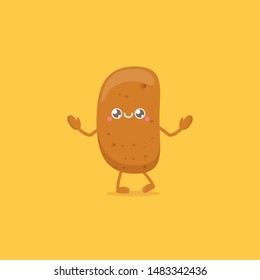 vector funny cartoon cute brown smiling tiny potato isolated on yellow background. My name is potato vector concept illustration. vegetable funky character