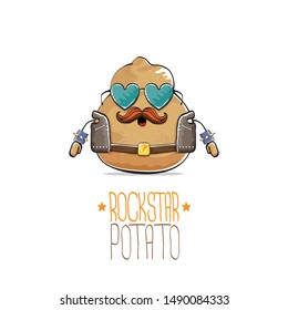 vector funny cartoon cute brown punk rock star potato character with leather jacket, sunglasses and cool moustache isolated on white background. rock hipster vegetable funky character