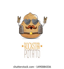 vector funny cartoon cute brown punk rock star potato character with leather jacket, sunglasses and cool moustache isolated on white background. rock hipster vegetable funky character