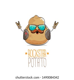vector funny cartoon cute brown punk rock star potato character with leather jacket, sunglasses and cool moustache isolated on white background. rock hipster vegetable funky character