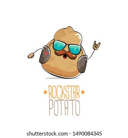 vector funny cartoon cute brown punk rock star potato character with leather jacket, sunglasses and cool moustache isolated on white background. rock hipster vegetable funky character