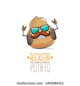 vector funny cartoon cute brown punk rock star potato character with leather jacket, sunglasses and cool moustache isolated on white background. rock hipster vegetable funky character