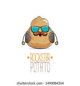 vector funny cartoon cute brown punk rock star potato character with leather jacket, sunglasses and cool moustache isolated on white background. rock hipster vegetable funky character