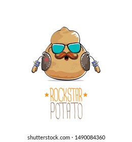 vector funny cartoon cute brown punk rock star potato character with leather jacket, sunglasses and cool moustache isolated on white background. rock hipster vegetable funky character