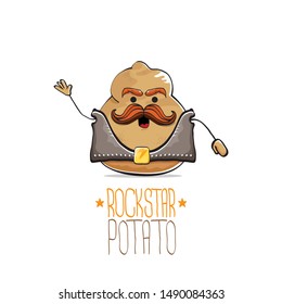 vector funny cartoon cute brown punk rock star potato character with leather jacket, sunglasses and cool moustache isolated on white background. rock hipster vegetable funky character