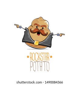 vector funny cartoon cute brown punk rock star potato character with leather jacket, sunglasses and cool moustache isolated on white background. rock hipster vegetable funky character
