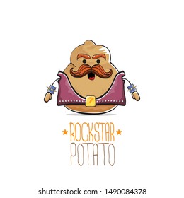 vector funny cartoon cute brown punk rock star potato character with leather jacket, sunglasses and cool moustache isolated on white background. rock hipster vegetable funky character