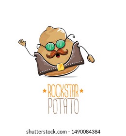vector funny cartoon cute brown punk rock star potato character with leather jacket, sunglasses and cool moustache isolated on white background. rock hipster vegetable funky character