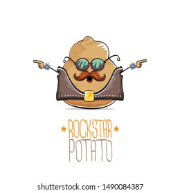 vector funny cartoon cute brown punk rock star potato character with leather jacket, sunglasses and cool moustache isolated on white background. rock hipster vegetable funky character