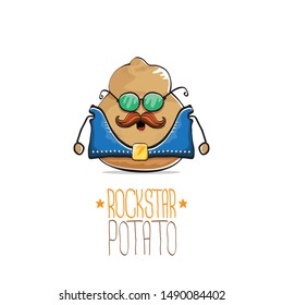 vector funny cartoon cute brown punk rock star potato character with leather jacket, sunglasses and cool moustache isolated on white background. rock hipster vegetable funky character