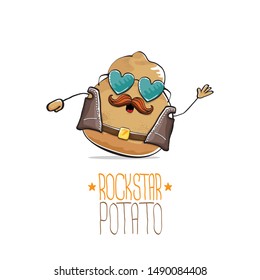 vector funny cartoon cute brown punk rock star potato character with leather jacket, sunglasses and cool moustache isolated on white background. rock hipster vegetable funky character