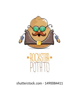 vector funny cartoon cute brown punk rock star potato character with leather jacket, sunglasses and cool moustache isolated on white background. rock hipster vegetable funky character