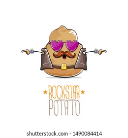 vector funny cartoon cute brown punk rock star potato character with leather jacket, sunglasses and cool moustache isolated on white background. rock hipster vegetable funky character