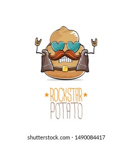 vector funny cartoon cute brown punk rock star potato character with leather jacket, sunglasses and cool moustache isolated on white background. rock hipster vegetable funky character