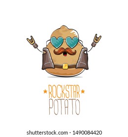 vector funny cartoon cute brown punk rock star potato character with leather jacket, sunglasses and cool moustache isolated on white background. rock hipster vegetable funky character