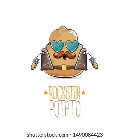 vector funny cartoon cute brown punk rock star potato character with leather jacket, sunglasses and cool moustache isolated on white background. rock hipster vegetable funky character