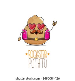 vector funny cartoon cute brown punk rock star potato character with leather jacket, sunglasses and cool moustache isolated on white background. rock hipster vegetable funky character