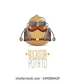 vector funny cartoon cute brown punk rock star potato character with leather jacket, sunglasses and cool moustache isolated on white background. rock hipster vegetable funky character