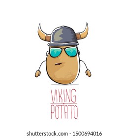vector funny cartoon cute brown super hero viking potato with viking helmet isolated on white background. My name is potato vector concept. super vegetable funky character