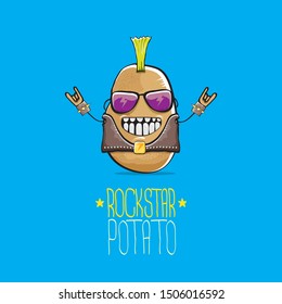 vector funny cartoon cute brown punk rock star potato character with Iroquois isolated on blue background. My name is potato vector concept. rock n rock hipster vegetable funky character