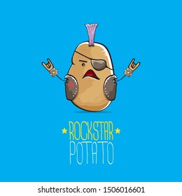 vector funny cartoon cute brown punk rock star potato character with Iroquois isolated on blue background. My name is potato vector concept. rock n rock hipster vegetable funky character