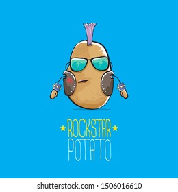 vector funny cartoon cute brown punk rock star potato character with Iroquois isolated on blue background. My name is potato vector concept. rock n rock hipster vegetable funky character