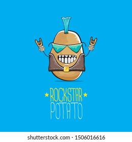 vector funny cartoon cute brown punk rock star potato character with Iroquois isolated on blue background. My name is potato vector concept. rock n rock hipster vegetable funky character