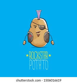 vector funny cartoon cute brown punk rock star potato character with Iroquois isolated on blue background. My name is potato vector concept. rock n rock hipster vegetable funky character