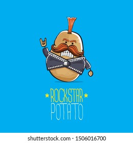 vector funny cartoon cute brown punk rock star potato character with Iroquois isolated on blue background. My name is potato vector concept. rock n rock hipster vegetable funky character