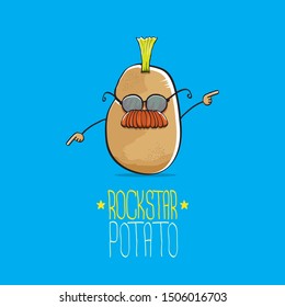 vector funny cartoon cute brown punk rock star potato character with Iroquois isolated on blue background. My name is potato vector concept. rock n rock hipster vegetable funky character