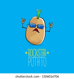 vector funny cartoon cute brown punk rock star potato character with Iroquois isolated on blue background. My name is potato vector concept. rock n rock hipster vegetable funky character