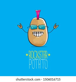 vector funny cartoon cute brown punk rock star potato character with Iroquois isolated on blue background. My name is potato vector concept. rock n rock hipster vegetable funky character