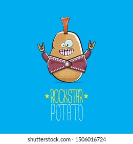 vector funny cartoon cute brown punk rock star potato character with Iroquois isolated on blue background. My name is potato vector concept. rock n rock hipster vegetable funky character