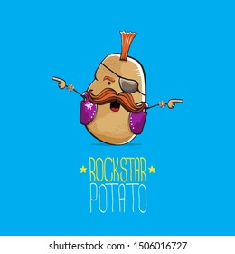 vector funny cartoon cute brown punk rock star potato character with Iroquois isolated on blue background. My name is potato vector concept. rock n rock hipster vegetable funky character