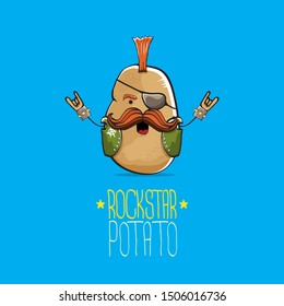 vector funny cartoon cute brown punk rock star potato character with Iroquois isolated on blue background. My name is potato vector concept. rock n rock hipster vegetable funky character