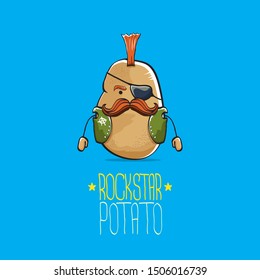 vector funny cartoon cute brown punk rock star potato character with Iroquois isolated on blue background. My name is potato vector concept. rock n rock hipster vegetable funky character