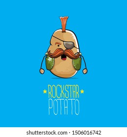 vector funny cartoon cute brown punk rock star potato character with Iroquois isolated on blue background. My name is potato vector concept. rock n rock hipster vegetable funky character