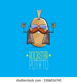 vector funny cartoon cute brown punk rock star potato character with Iroquois isolated on blue background. My name is potato vector concept. rock n rock hipster vegetable funky character