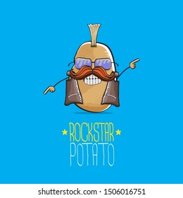 vector funny cartoon cute brown punk rock star potato character with Iroquois isolated on blue background. My name is potato vector concept. rock n rock hipster vegetable funky character