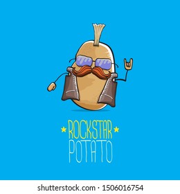 vector funny cartoon cute brown punk rock star potato character with Iroquois isolated on blue background. My name is potato vector concept. rock n rock hipster vegetable funky character