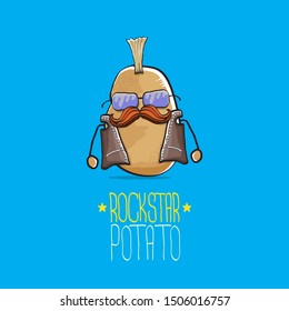 vector funny cartoon cute brown punk rock star potato character with Iroquois isolated on blue background. My name is potato vector concept. rock n rock hipster vegetable funky character