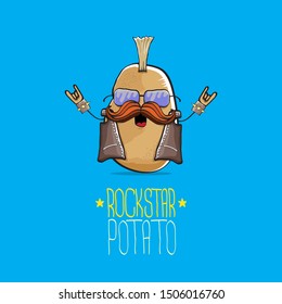 vector funny cartoon cute brown punk rock star potato character with Iroquois isolated on blue background. My name is potato vector concept. rock n rock hipster vegetable funky character